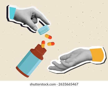 As cápsulas derramam do frasco em uma mão branca e preta. Estilo de colagem moderno. Ilustração vetorial