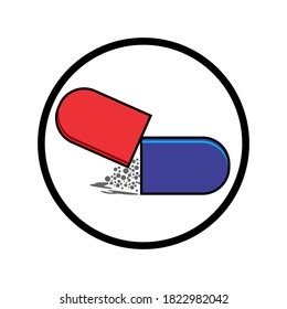 capsules that have been opened with scattered granules with a blend of red, blue and gray