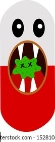 capsule-shaped tablet with sharp fangs and an open mouth killed a green microbe concept of medicine and flu objects on white background