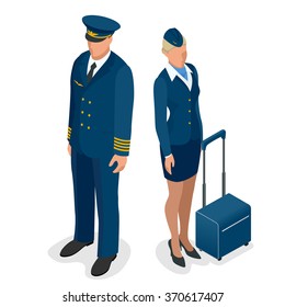 Captain of the aircraft and a beautiful flight attendant in a dark blue uniform, isolated on white background. Vector 3d flat isometric illustration