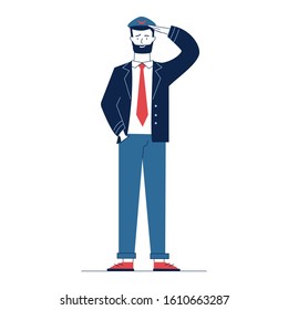 Captain of aircraft in uniform. Pilot putting hand to peak of cap flat vector illustration. Aviation, job, airplane concept for banner, website design or landing web page