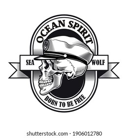 Captain Badge Design. Einfarbiges Element mit Schädel in Kapitän, Vektorgrafik mit Text auf Band. Segelkonzept für Etiketten und Embleme-Vorlagen