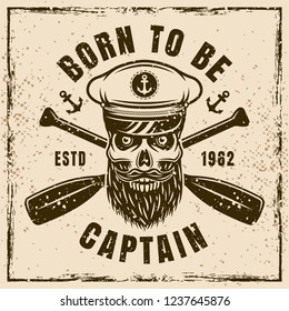 Captain bearded skull in hat and two crossed paddles vector colored illustration on background with grunge textures and frame