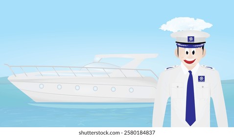 Captain of a boat in front of boat. vector