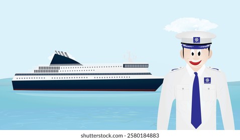 Captain of a boat in front of boat. vector