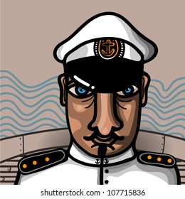 captain in the bridge of its boat with graphic waves in the background