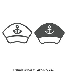 Captain cap with anchor line and solid icon, marine port concept. Vector graphics. Commander hat, headwear sign on white background, outline style icon for mobile or web design