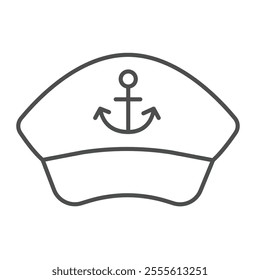 Captain cap with anchor thin line icon, marine port concept. Vector graphics. Commander hat, headwear sign on white background, outline style icon for mobile or web design