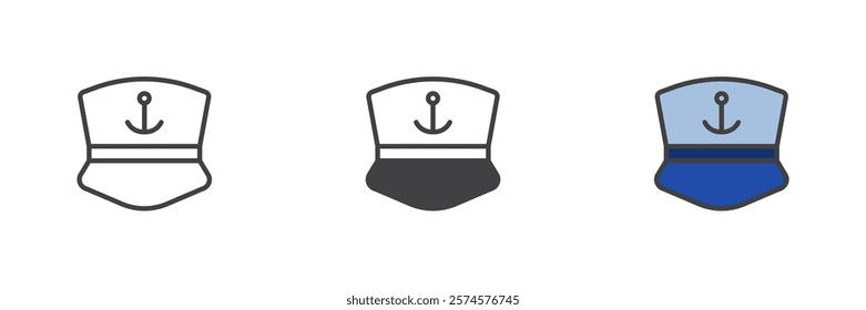 Captain cap different style icon set. Line, glyph and filled outline colorful version, outline and filled vector sign. Sailor Hat symbol, logo illustration. Vector graphics