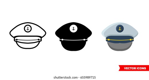 Captain cap icon of 3 types: color, black and white, outline. Isolated vector sign symbol.