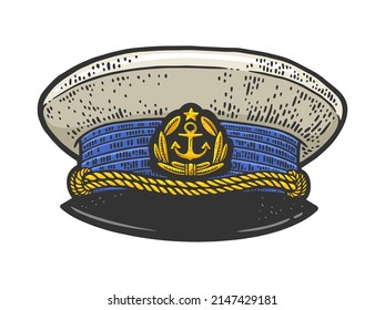 Captain cap uniform color sketch engraving vector illustration. T-shirt apparel print design. Scratch board imitation. Black and white hand drawn image.