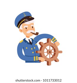 Captain character behind the wheel, sailor in blue uniform smoking pipe vector Illustration