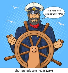 Captain character with ship steering wheel pop art vector illustration. Human character illustration. Comic book style imitation. Vintage retro style. Conceptual illustration