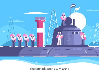 Captain with crew standing on submarine. Warship in sea. Vector illustration