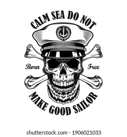 Captain emblem design. Monochrome element with skull in ship captain cap, crossed bones vector illustration with text. Sailing or navigating concept for labels and badges templates