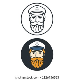 Captain or fisherman portrait in vintage style, line art and color drawing. Retro icon or logo vector illustration.