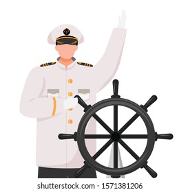 Captain flat vector illustration. Cruise liner. Navigator with helm. Seafarer. Skipper in work uniform isolated cartoon character on white background