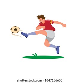 captain of football player kicking ball, striker shooting ball to make goal cartoon flat illustration vector isolated in white background