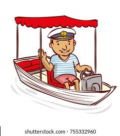 Captain. A friendly man in a sea cap sits in a boat. Hand drawn cartoon vector illustration.