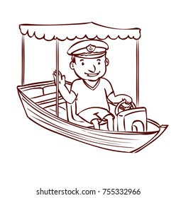 Captain. A friendly man in a sea cap sits in a boat. Hand drawn cartoon vector illustration.