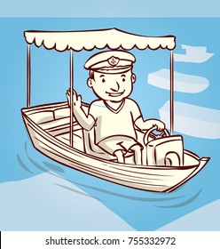 Captain. A friendly man in a sea cap sits in a boat. Hand drawn cartoon vector illustration.