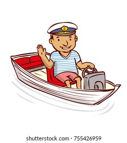 Captain. A friendly man in a sea cap sits in a boat. Hand drawn cartoon vector illustration.