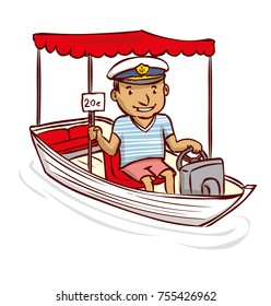 Captain. A friendly man in a sea cap sits in a boat. Holds a sign. Hand drawn cartoon vector illustration.