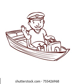 Captain. A friendly man in a sea cap sits in a boat. Hand drawn cartoon vector illustration.