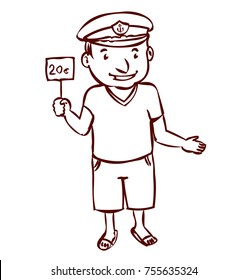Captain. A friendly man in a sea cap holds a sign.