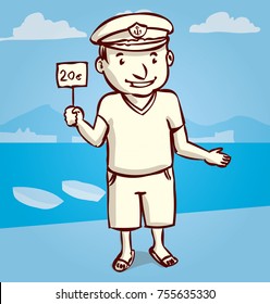 Captain. A friendly man in a sea cap holds a sign.