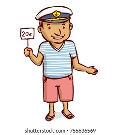 Captain. A friendly man in a sea cap holds a sign.
