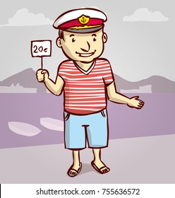 Captain. A friendly man in a sea cap holds a sign.
