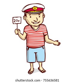 Captain. A friendly man in a sea cap holds a sign.
