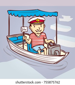 Captain. A friendly man in a sea cap sits in a boat. Holds a sign. Hand drawn cartoon vector illustration.
