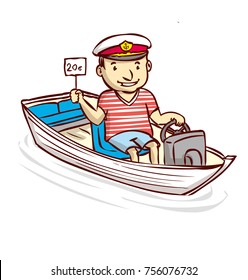 Captain. A friendly man in a sea cap sits in a boat. Holds a sign. Hand drawn cartoon vector illustration.