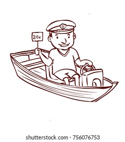 Captain. A friendly man in a sea cap sits in a boat. Holds a sign. Hand drawn cartoon vector illustration.
