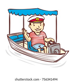 Captain. A friendly man in a sea cap sits in a boat. Hand drawn cartoon vector illustration.