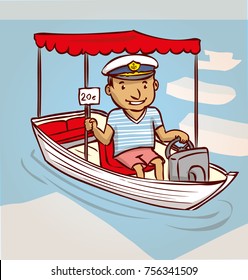 Captain. A friendly man in a sea cap sits in a boat. Holds a sign. Hand drawn cartoon vector illustration.