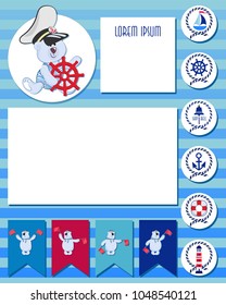 CAPTAIN. Funny polar bear-toddler. Baby set of planner elements with marine theme.  Time of adventure and sea voyages. Daily and weekly planner. The layout can also be used for children's photos.