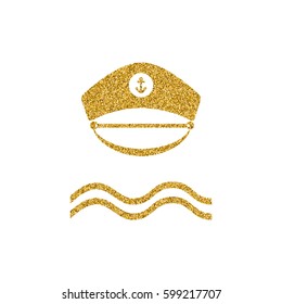 Captain gold glitter hat icon. Poster design with nautical theme. Sailor captain hat isolated. Vector illustration.