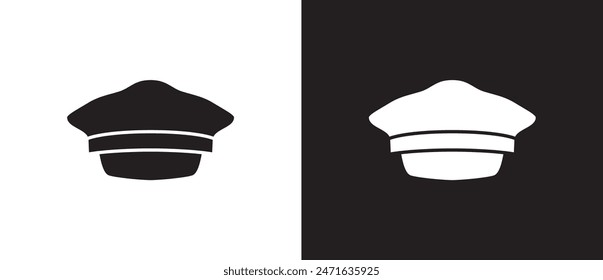 Captain hat, Flat icons of police hat. Simple icons of classic hats, Summer hat, Cowboy, Menswear, Sun visor, Fashion element vector illustration on black and white background. eps 10