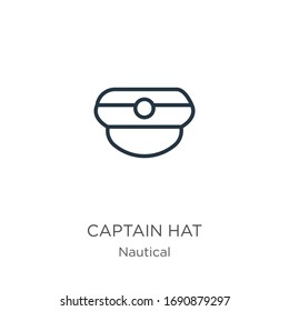 Captain hat icon. Thin linear captain hat outline icon isolated on white background from nautical collection. Line vector sign, symbol for web and mobile