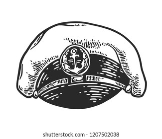 Captain hat isolated on white background. Vector vintage engraving illustration for logo, emblem, tattoo, poster, t-shirt, web and label. Hand drawn in a graphic style.