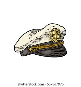 Captain hat isolated on white background. Vector color vintage engraving illustration for tattoo, web and label. Hand drawn in a graphic style.