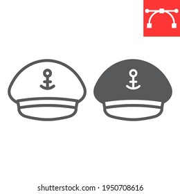 Icono de línea de sombrero capitán y glifo, mar y uniforme, icono del vector de capitación, gráficos vectoriales, símbolo de contorno de trazo editable, eps 10