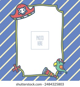 Captain hat and parrot summer sea photo template in fun hand drawing doodle style 