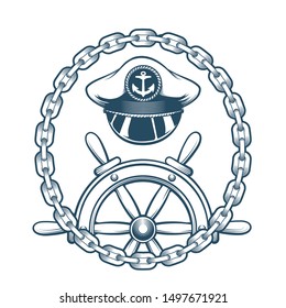 Captain Hat and steering Wheel in Circle of Chains. Engraved nautical emblem. Vector Illustration.