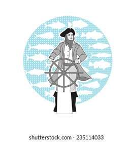 Captain at the helm of the ship. Man on a sea background. Sailor on the background of the fishes. Captain in a retro style. Captain and wheel. Fishes in sea, ocean.