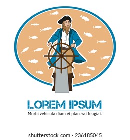 Captain at the helm of the ship. Man on a sea background. Sailor on the background of the fishes. Captain in a retro style. Captain and wheel. Fishes in sea, ocean.