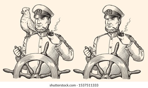 Captain at the helm smokes a pipe with a parrot on his shoulder. Design set. Hand drawn engraving. Editable vector vintage illustration. Isolated on light background. 8 EPS 